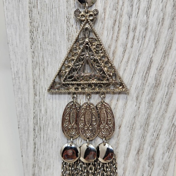 Silver Tone Layered Pendant Tassel Chain Necklace Statement Triangle Textured - Picture 3 of 6